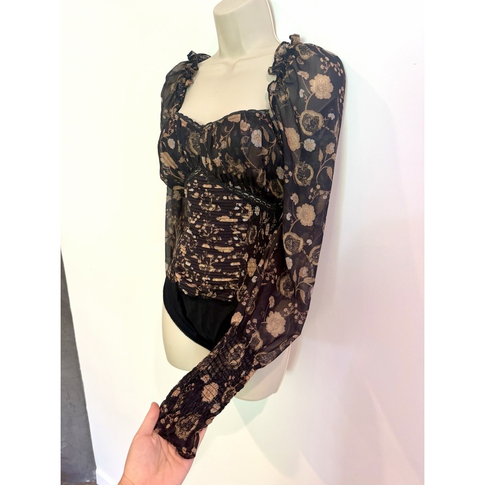 Free People Bodysuit Black Floral Bustier Neckline Long Sleeves Romantic Sz M - Picture 4 of 9